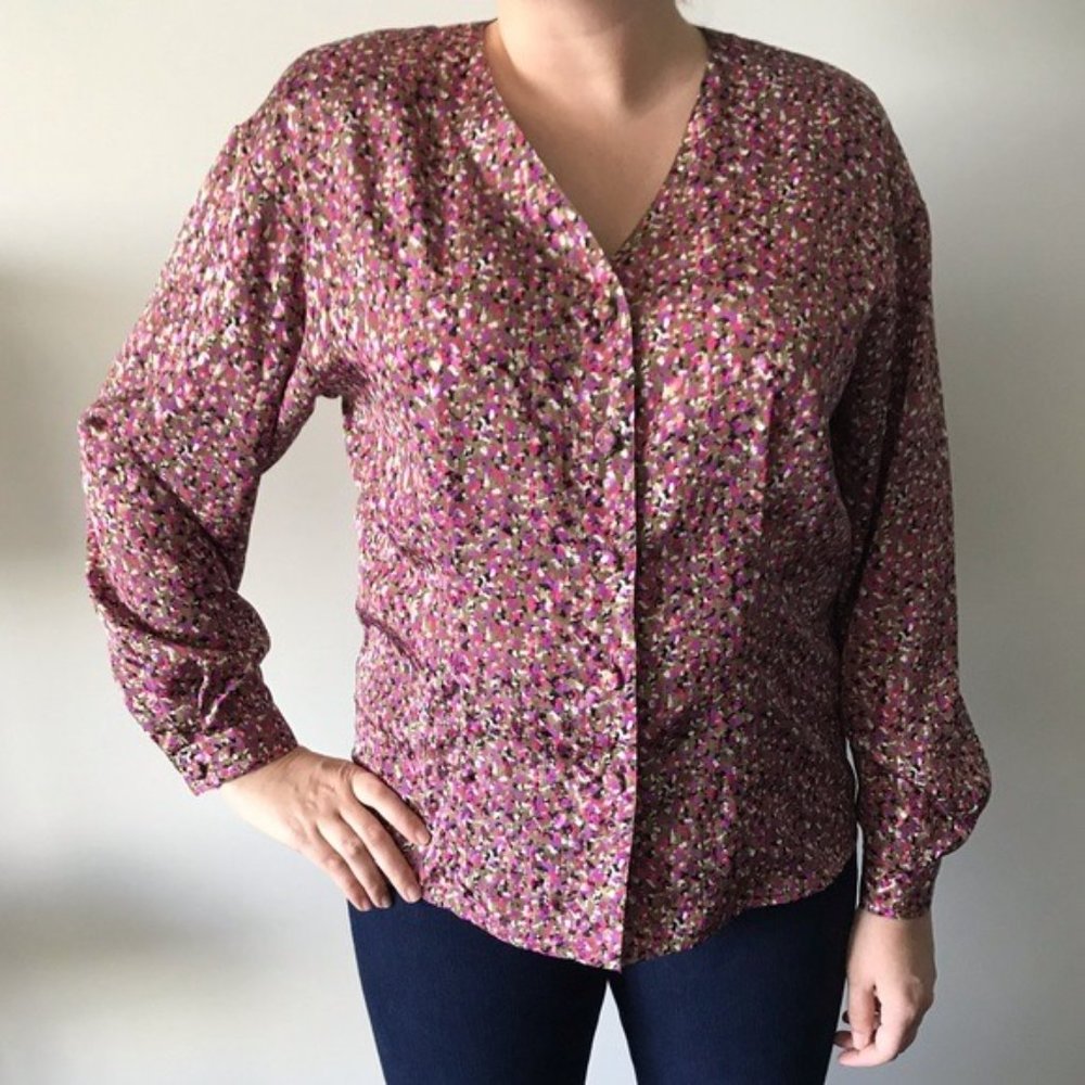 Vintage 80s 90s Tathera Confetti Colorful V neck Button Up Blouse Retro k